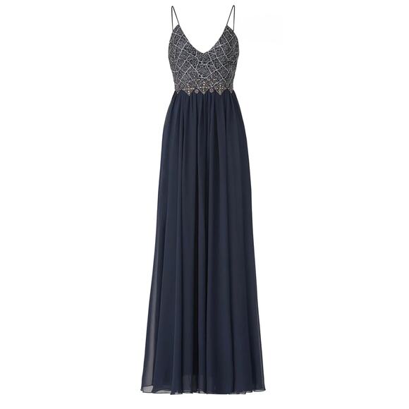 Badgley Mischka Navy Blue Ballerina Gown Long Maxi Dress Sleeveless Sz 6 - Picture 3 of 10